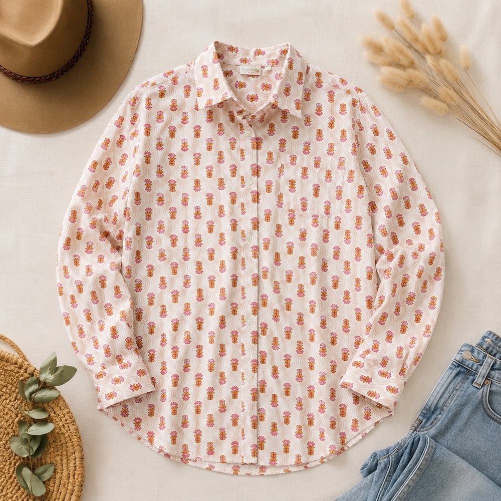 Spartina 449 Button Down Shirt Womens S Pink Orange Floral Linen Blend Coastal